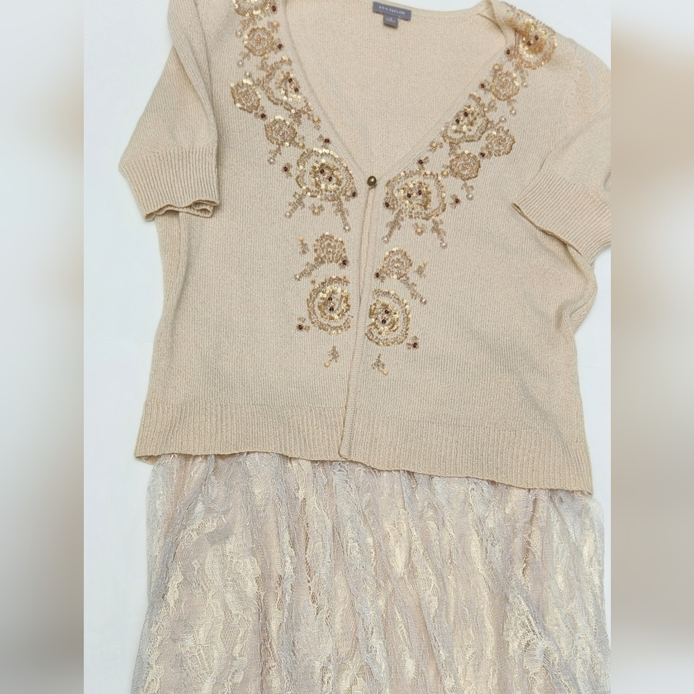 Ann Taylor Button Front Tan Silk Rayon Blend Embellished Cardigan- Women's Med